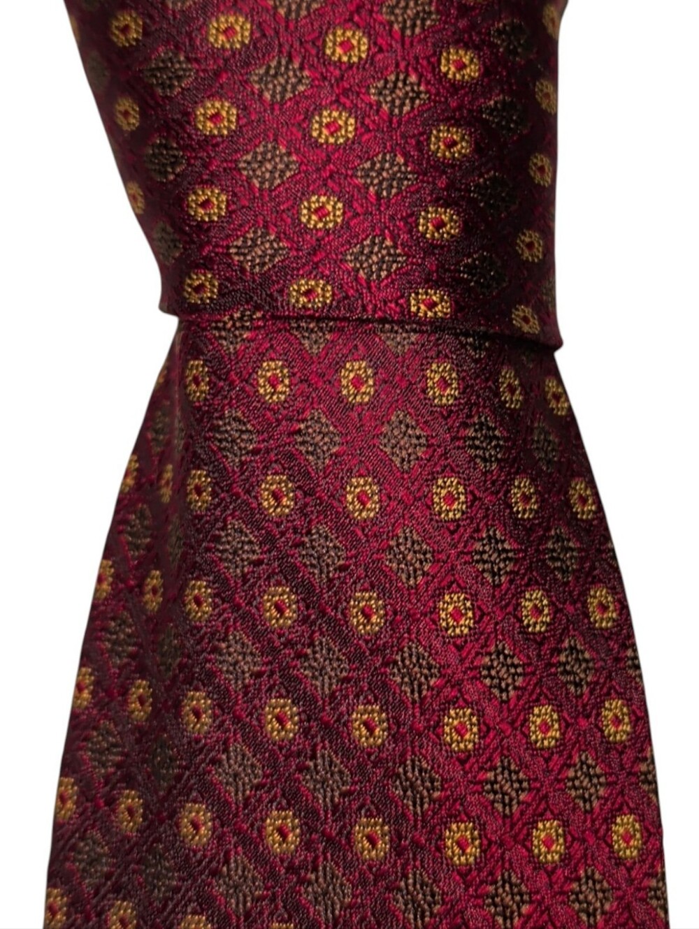 Hickey Freeman Long Silk Necktie Mens Burgundy Geometric Designer Tie EUC
